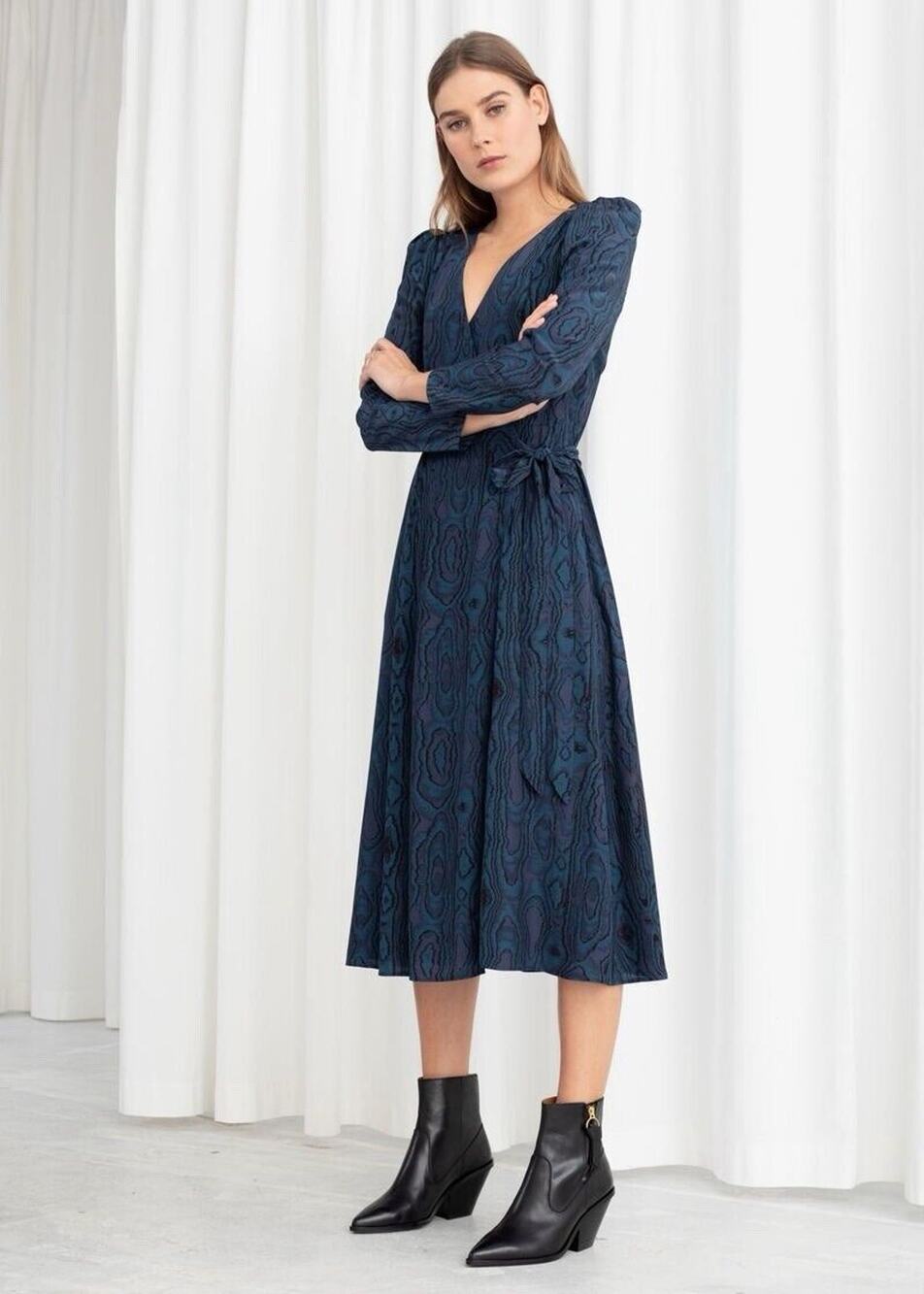 & Other Stories Blue Wood Jacquard Midi Wrap Dress Modern Romantic Artsy Size 4